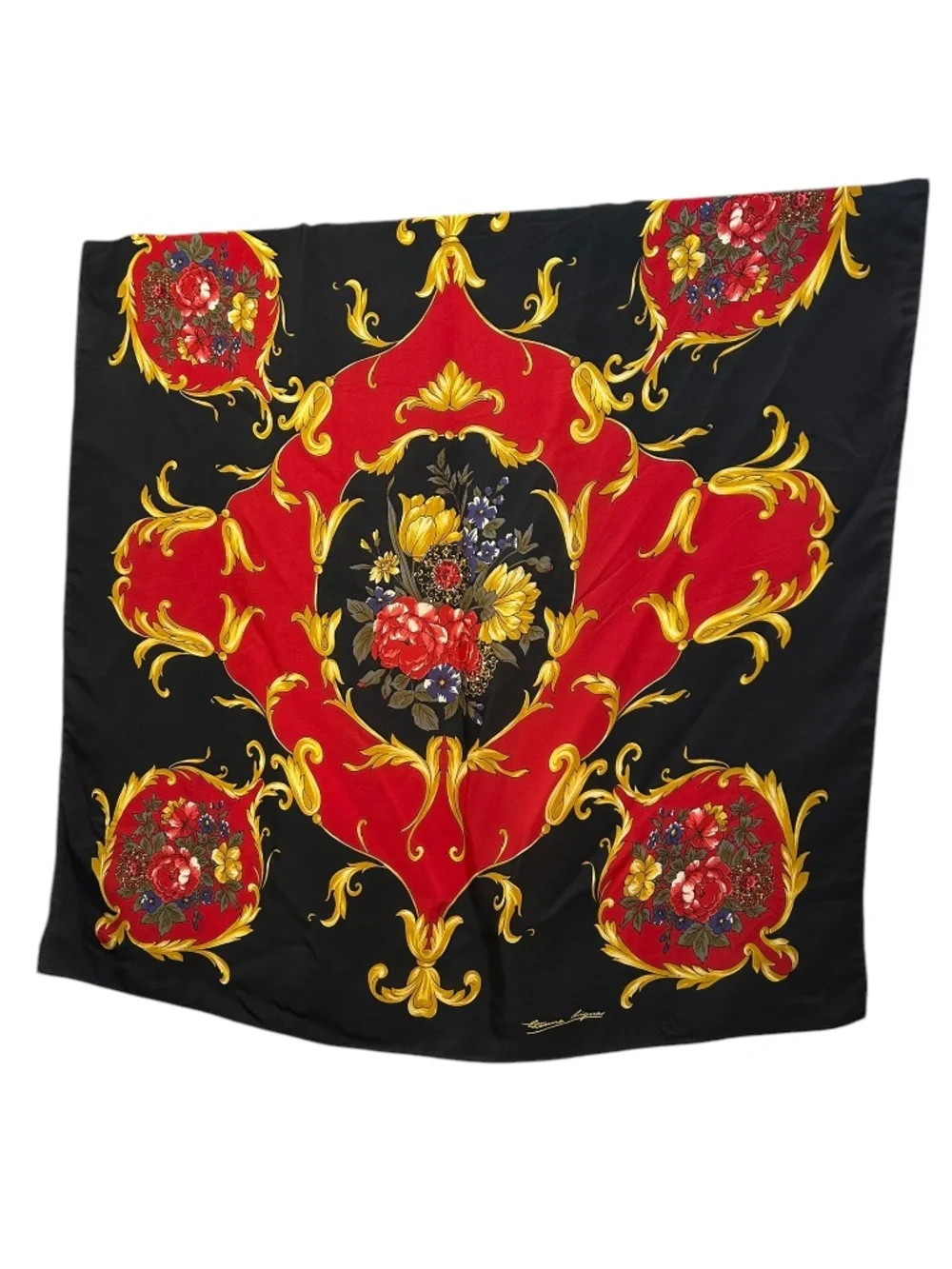 Etienne Aigner 100% silk red gold 100% silk baroque bouquet flowers scarf 34